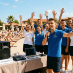 Hotel entertainment management team conducting the 10:00 AM morning announcement by a resort swimming pool